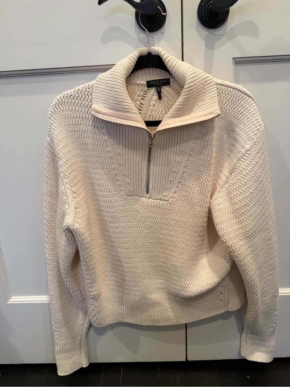 rag & bone Cream Half-Zip Textured Knit Turtleneck Sweater